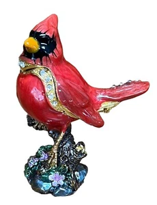 Red Cardinal Bird on Flowered Branch, Jeweled Enamel Trinket Box. 3” X 2.5” - Picture 1 of 10