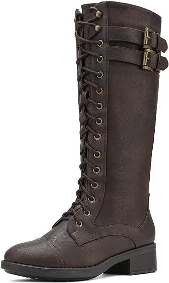 Women Low Heel Winter Faux Fur Lined Knee High Riding Combat Boots - Image 1 of 1