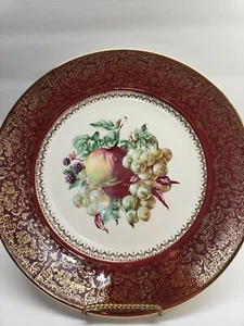 Imperial Salem China 11 Inch Plate, Made In USA, Burgundy And Gold With Fruit  - Picture 1 of 3
