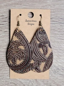 Pendientes lágrima de cuero GENUINO marrón cuero occidental tooled cachemira  - Imagen 1 de 1