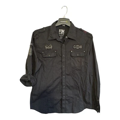 Fox Racing Mens Casual Button Down Shirt Black Patchwork Collared Size XL - Image 1 of 4