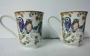 Summer River Porcelain Tea Coffee Mug Floral Owl Bird Set of 2 - Picture 1 of 5