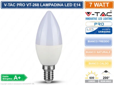 V-TAC PRO VT-268 LAMPADINA LED E14 7W CANDELA CHIP SAMSUNG - SKU 111 / 112 / 113 - Immagine 1 di 2