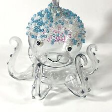 Clear Glass Octopus Christmas Ornament Blue White Beads Robert Stanley 3x3.25in