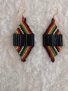 Handmade African American Seed Beaded Black, Red, Yellow, Green Earrings - Picture 1 of 10