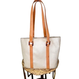 LL Bean Traveler Tote Womens Natural Weatherproof Beige Leather Handle Boat Bag - Picture 1 of 9