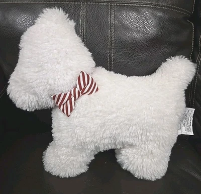 Terrier Dog Shaped Holiday Throw Pillow "Off White" Faux Fur w/ Red Bowtie 15x16 - Image 1 of 4