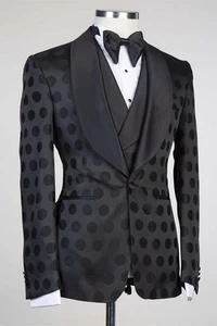 Men's Black Shawl Lapel Polka Point Blazer Party Groom Prom Tuxedo Wedding Suit - Picture 1 of 8