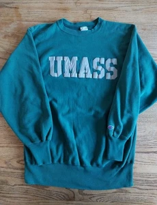 Raro De Colección Años 80-90 Teal Champion UMASS Tejido Inverso Cuello Redondo Talla XL Ligero Distress - Imagen 1 de 7