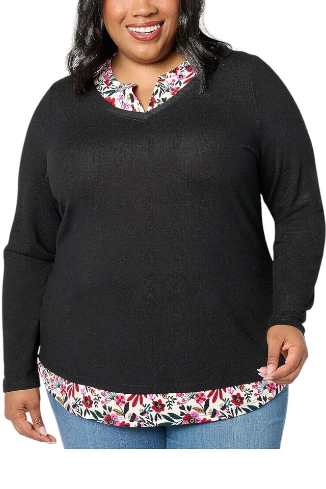 Camiseta de mujer Denim & Co. estampada a cuadros 2Fer LongSlv Top negra Foto 1 de 1