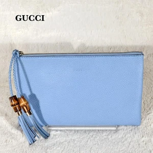 GUCCI Clutch Bag Pouch Bamboo Light Blue Grained Leather #PGHSMR - Picture 1 of 10
