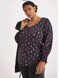 SIMPLY BE LACE TRIM BLOUSE WITH LONG SLEEVES, BLACK/PINK FLORAL, UK 16 - Picture 1 of 6