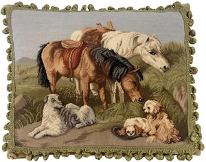 Wolle Petit Point Kissen mit grasenden Shetland Ponys Pferde Hunde 16x20 Nadelspitze - Bild 1 von 2