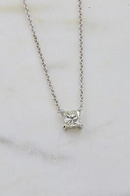 1 CT Natural Diamond Princess Cut Solitaire Pendant Necklace 14K White Gold 18" - Image 1 of 3