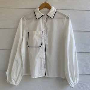 Commense Women's Cotton Linen Button Up Shirt Top White Big Pocket L Long Sleeve - Picture 1 of 11