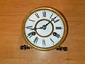 ANTIQUE REPLACEMENT ENAMELLED TWIN KEY CLOCK FACE & BRASS CHIMING CLOCK WORKINGS - Picture 1 of 10
