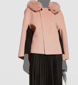 $576 Kelli Kouri Women's Pink Wool Winter Cape Pull Over Fur-Trim Jacket Size OS - Picture 1 of 2