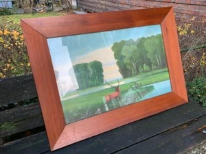Old oil painting on cardboard 1940s deer on tubes WWII period painting in oil large - Picture 1 of 3