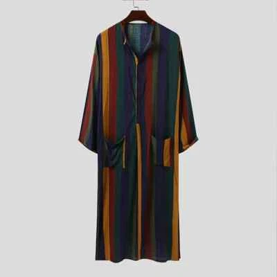 Men's Muslim Long Sleeve Cotton Striped Robes Islamic Arabian Kaftan Suit Middle - Image 1 of 4