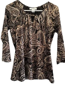 Liz Claiborne Paisley Bluse Damen Petite Medium schwarz braun 3/4 Ärmel - Bild 1 von 11