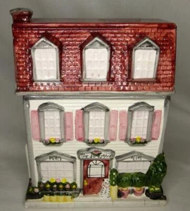 Ceramic Flower Store Cookie Jar 10” x 7 ½” x 5” 3 Stories Building Red Roof Dog - Picture 1 of 12