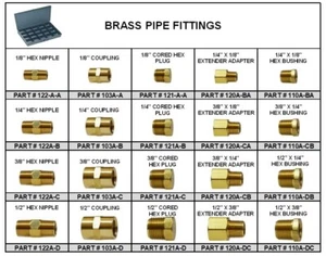 Brass Pipe Fitting Assortment in 20 Hole Small Metal Locking Tray - Picture 1 of 4