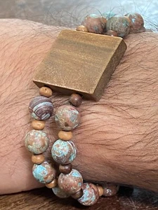 Handcrafted Men's Adjustable Bracelet – African Turquoise & Wood Centerpiece - Picture 1 of 15