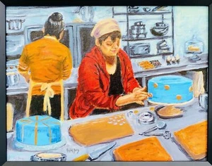 Cake Bake Shop Painting Bakery Scene Cafe Chef Original Art 15x19 Framed Red - Picture 1 of 9