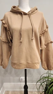 Rebecca Minkoff Evelin Beige Sz S Ruffle Trim Oversized Hoodie Sweatshirt - Picture 1 of 15