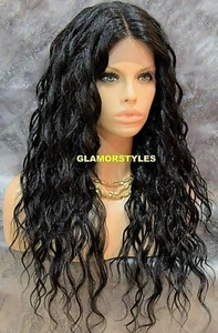 LACE FRONT FULL WIG LONG CURLS LAYERED MIDDLE PART OFF BLACK #1B HEAT OK NWT - Picture 1 of 7