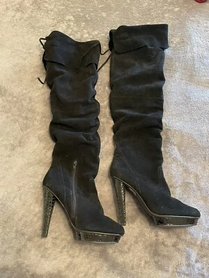 Black Suede Bakers Thigh High Leather Platform Boots Size 10 - Image 1 of 4