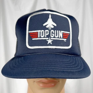 Vintage 80s Men's OS Navy Blue Top Gun Logo Patch Trucker Snapback Hat *DAMAGED* - Picture 1 of 9