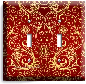 LUJO ORO ROJO REMOLINO DAMASCO PATRÓN DE DOBLE LUZ INTERRUPTOR PLACA DECORACIÓN HABITACIÓN - Imagen 1 de 1