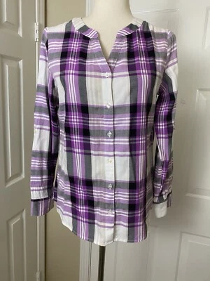Croft & Barrow Womens Plaid Button Up Blouse Sz Medium Petite Purple White - Image 1 of 4