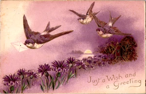 Vintage Postcard Just a Wish and a Greeting Birds Windmill Sunset - Picture 1 of 2