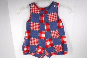 Vintage 1970's Wonderalls Romper Sun Suit Size T2 Blue Red Check Patchwork - Picture 1 of 9