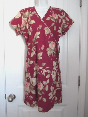 LIZ CLAIBORNE~ Burgundy Roses Short Sleeve Above Knee Linen Wrap Dress~ 8  New! - Image 1 of 4