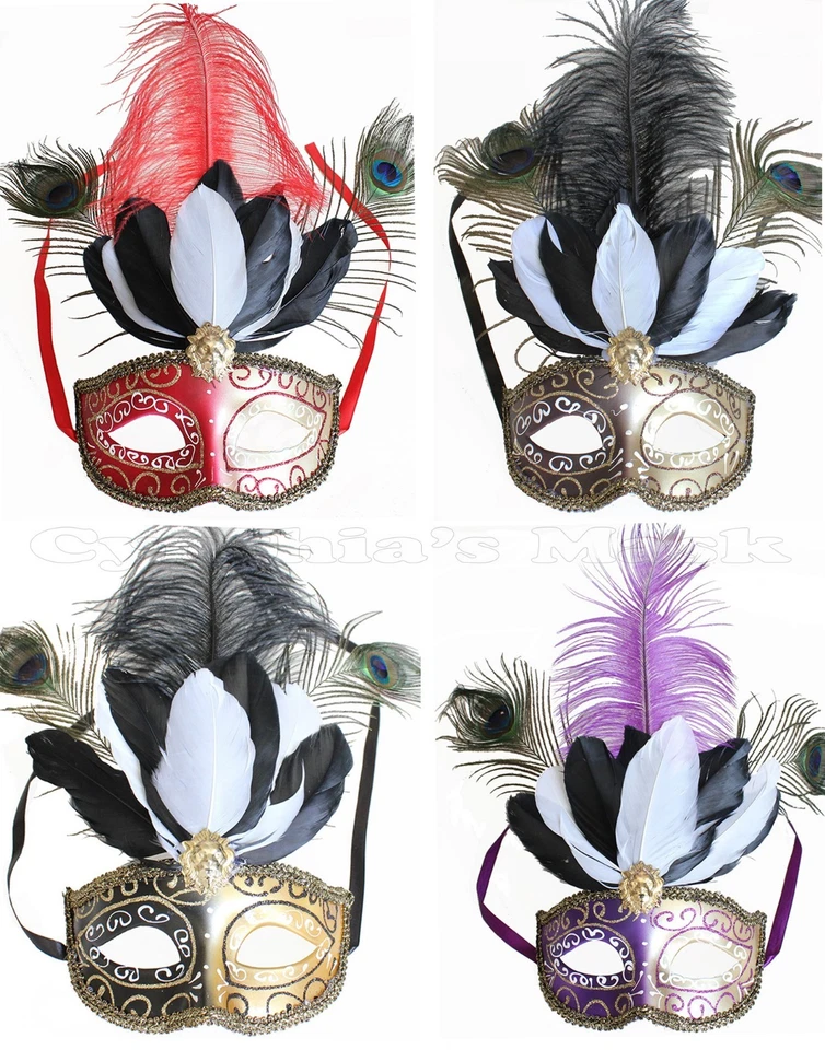 Venetian Masquerade Mask w/Peacock Ostrich Feathers Party Prom Halloween Costume - Image 1 of 1
