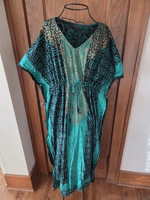 J Gee Kaftan vintage One Size Green Black V Neck Boho Cover Up Caftan Beach - Image 1 of 4
