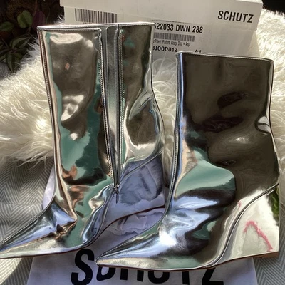 BRAND NEW Schutz Women’s Silver “Asya” Wedge Patent Leather Boot Size 10 NIB - Image 1 of 4