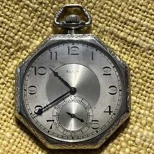 🔥🔥 1928 Elgin 303 12S 7J Pocket Watch Octagon Case Silver Dial Y13 - Picture 1 of 13