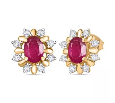 Silver Earrings Ruby and Zircon Genuine Natural Gems Solid Sterling Stud Design - Image 1 of 4