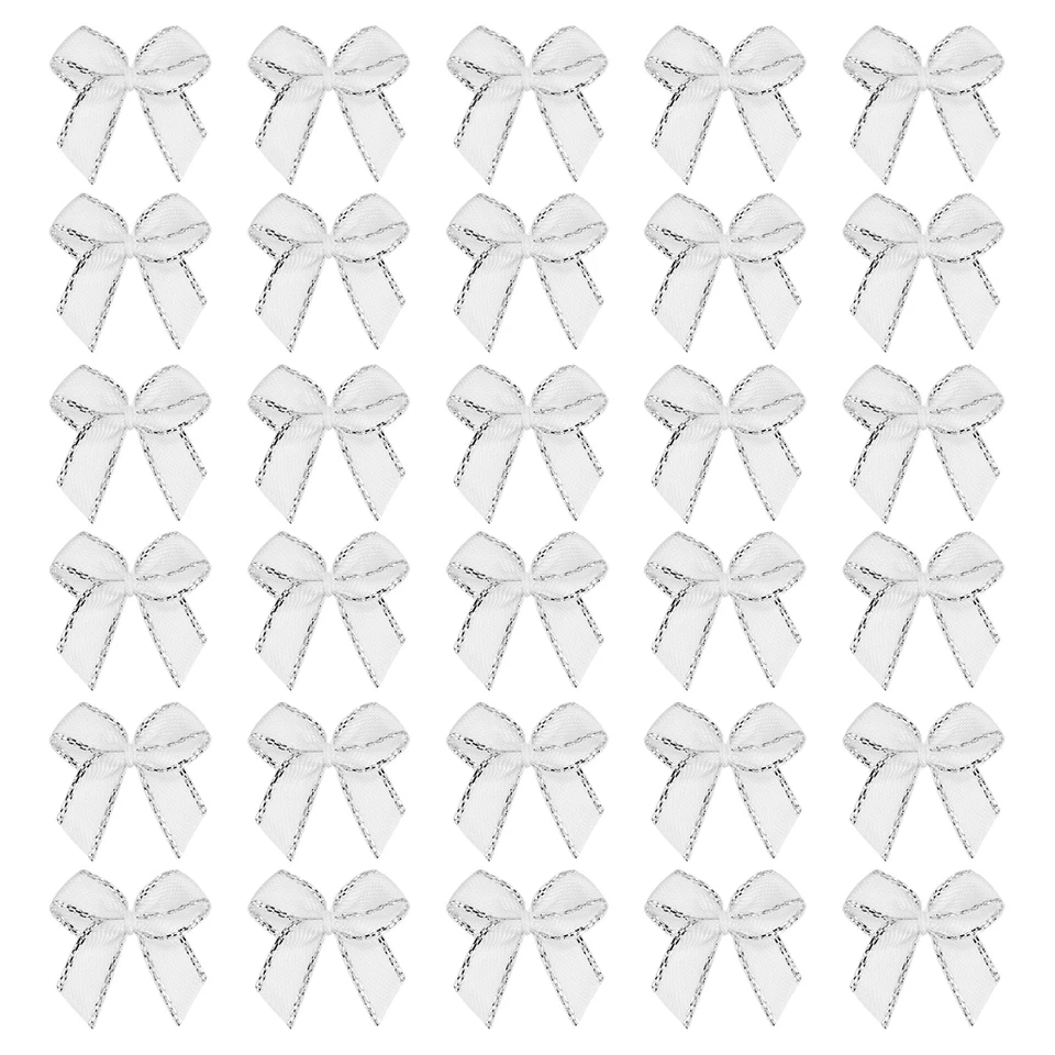 Mini Metallic Silver Edge Ribbon Bow, 22x23mm Bow (Pack of 100, White) Foto 1 de 4