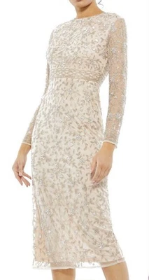 Vestido Mac Duggal 10812 Cuentas Largo Té Transparente Mangas Largas Mujer Talla 14 Fiesta Foto 1 de 4