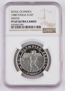 Tonga 1988 1/2 Oz Platinum 10 PA'ANGA Seoul Olympics Discus KM#132 NGC PF69 UC - Picture 1 of 4
