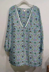 Victoria's Secret Tunic Top L Sleeve Low V Neck Sequins  Silk Blue Floral M/L - Picture 1 of 10