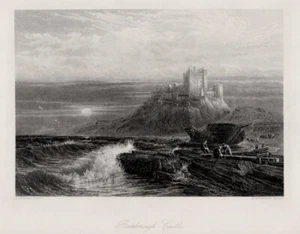 Großbritannien: Bamborough Castle in Northumberland, Echter Stahlstich um 1875 - Bild 1 von 1