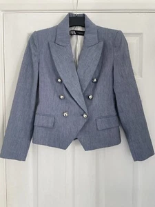Zara Ladies Blazer Jacket Size XS Cropped Short Military Style Buttons Blue - Picture 1 of 7