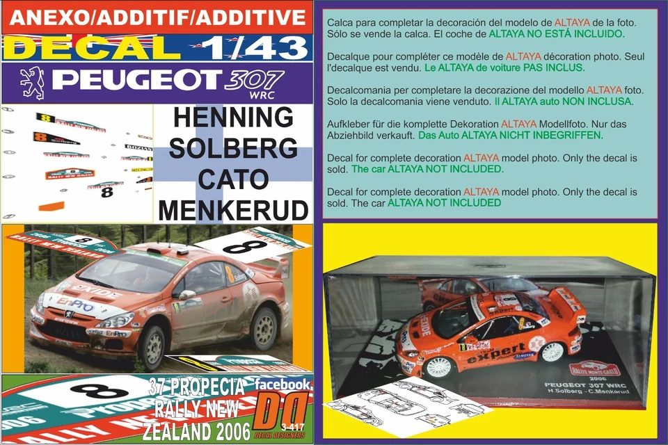 ANEXO DECAL 1/43 PEUGEOT 307 WRC H.SOLBERG R.NEW ZEALAND 2006 12nd (08) - Image 1 of 1