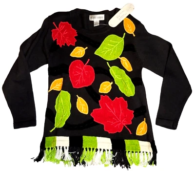 Victoria Harbour 女式毛衣 S 码彩色叶子刺绣带条纹全新带标签 — 第 1/4 张图片